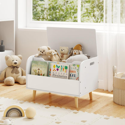 Kids Toy Box, Wooden Mobile Toy Storage Organizer with Bookshelf & Lockable Wheels for Girls Boys, Toy Storage Chest Bench for Toddler Room, Playroom, Bedroom, Living Room, Nursery