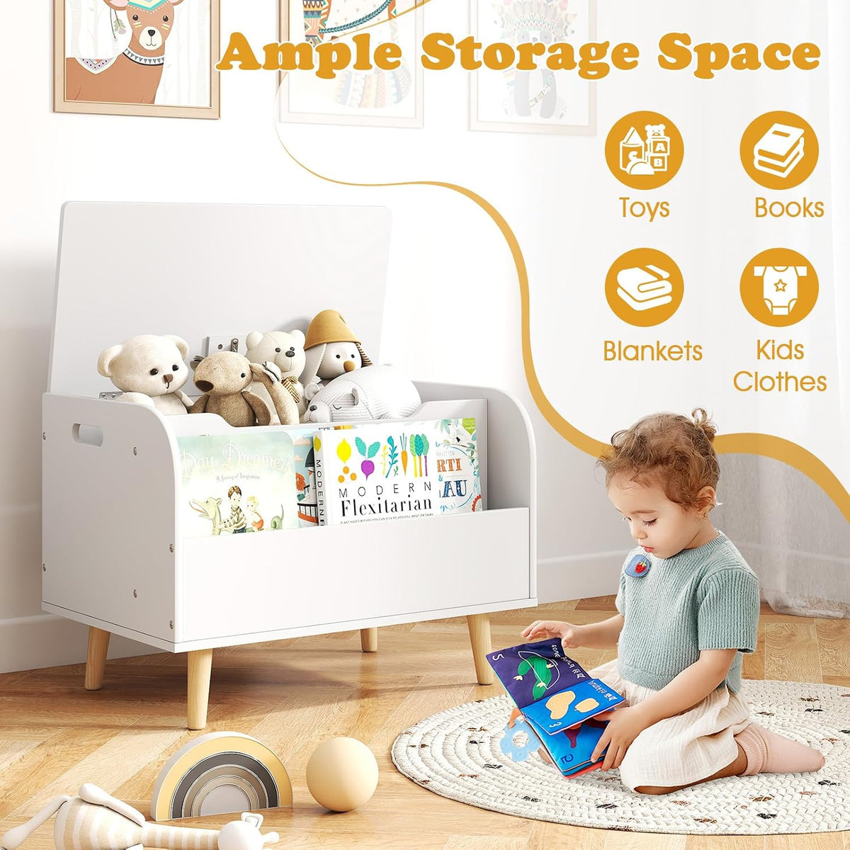 Kids Toy Box, Wooden Mobile Toy Storage Organizer with Bookshelf & Lockable Wheels for Girls Boys, Toy Storage Chest Bench for Toddler Room, Playroom, Bedroom, Living Room, Nursery