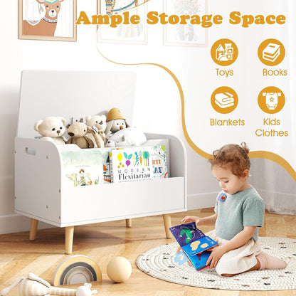 Kids Toy Box, Wooden Mobile Toy Storage Organizer with Bookshelf & Lockable Wheels for Girls Boys, Toy Storage Chest Bench for Toddler Room, Playroom, Bedroom, Living Room, Nursery