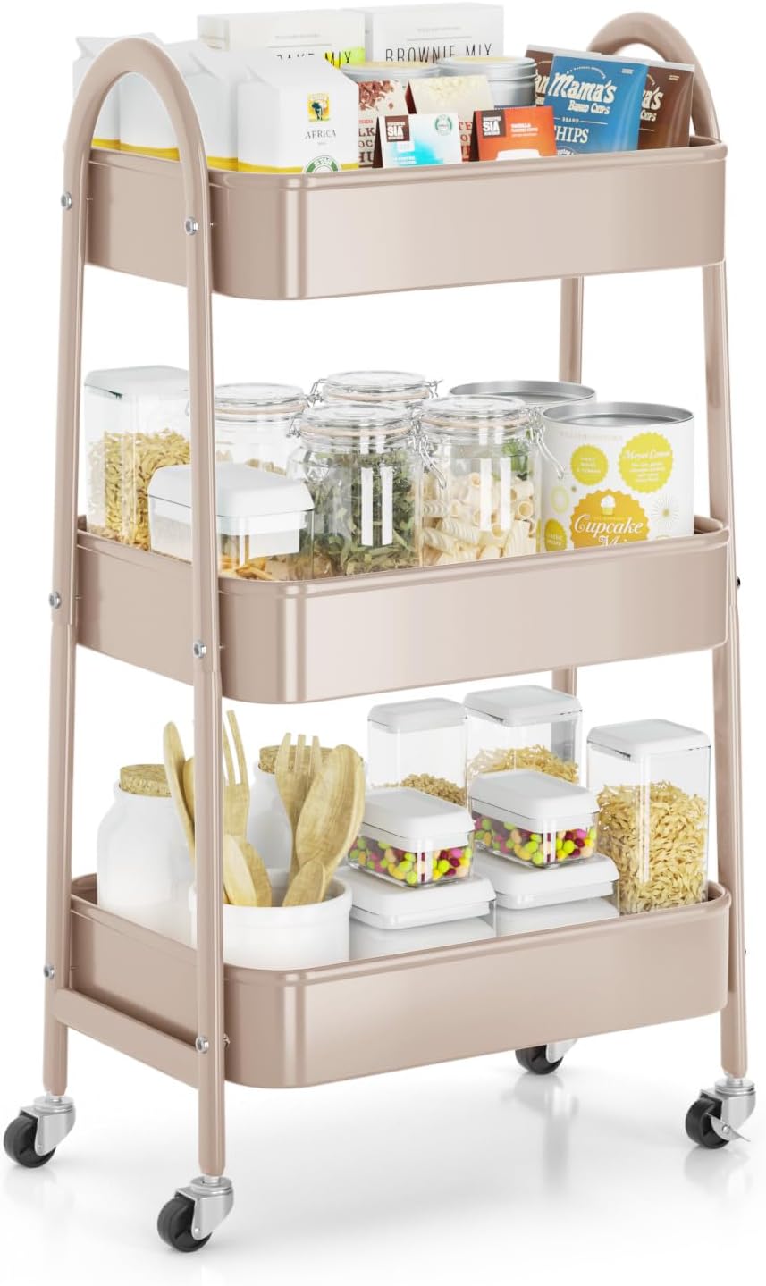 3 Tier Utility Rolling Cart, Metal Storage Cart with Handle and Lockable Wheels, Multifunctional Storage Organizer Trolley with Mesh Baskets for Kitchen, Living Room, Office, Garage (Beige)