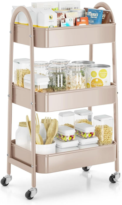 3 Tier Utility Rolling Cart, Metal Storage Cart with Handle and Lockable Wheels, Multifunctional Storage Organizer Trolley with Mesh Baskets for Kitchen, Living Room, Office, Garage (Beige)