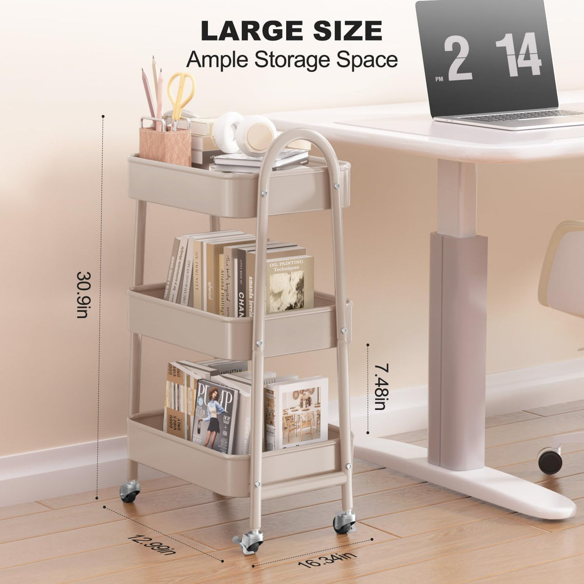 3 Tier Utility Rolling Cart, Metal Storage Cart with Handle and Lockable Wheels, Multifunctional Storage Organizer Trolley with Mesh Baskets for Kitchen, Living Room, Office, Garage (Beige)