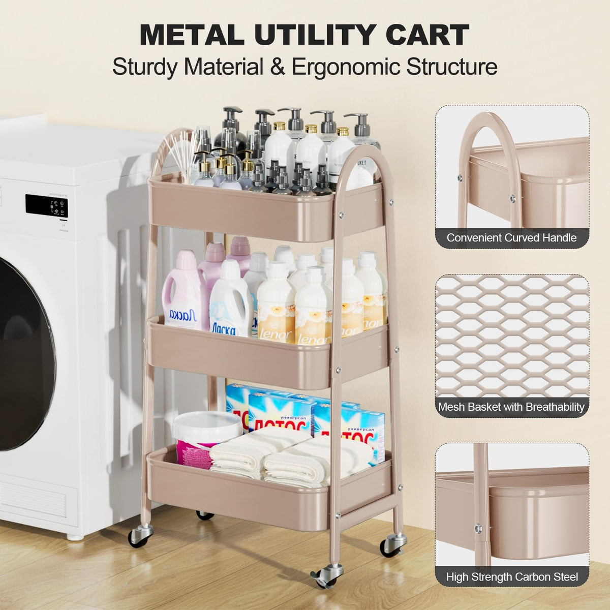 3 Tier Utility Rolling Cart, Metal Storage Cart with Handle and Lockable Wheels, Multifunctional Storage Organizer Trolley with Mesh Baskets for Kitchen, Living Room, Office, Garage (Beige)