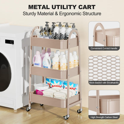 3 Tier Utility Rolling Cart, Metal Storage Cart with Handle and Lockable Wheels, Multifunctional Storage Organizer Trolley with Mesh Baskets for Kitchen, Living Room, Office, Garage (Beige)