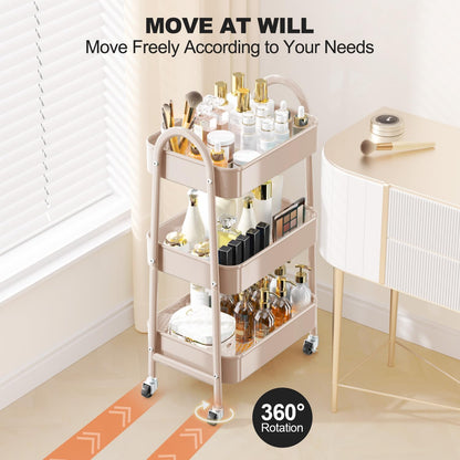 3 Tier Utility Rolling Cart, Metal Storage Cart with Handle and Lockable Wheels, Multifunctional Storage Organizer Trolley with Mesh Baskets for Kitchen, Living Room, Office, Garage (Beige)