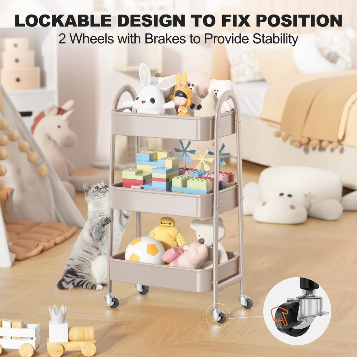 3 Tier Utility Rolling Cart, Metal Storage Cart with Handle and Lockable Wheels, Multifunctional Storage Organizer Trolley with Mesh Baskets for Kitchen, Living Room, Office, Garage (Beige)