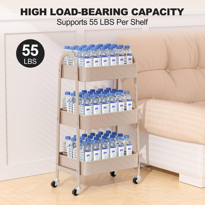 3 Tier Utility Rolling Cart, Metal Storage Cart with Handle and Lockable Wheels, Multifunctional Storage Organizer Trolley with Mesh Baskets for Kitchen, Living Room, Office, Garage (Beige)