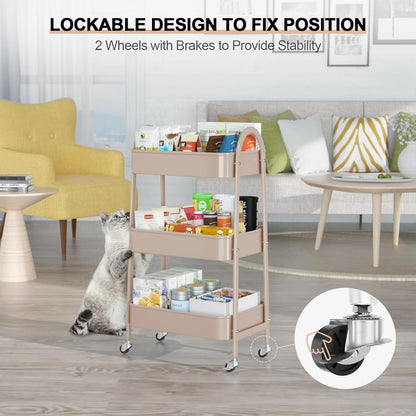 3 Tier Utility Rolling Cart, Metal Storage Cart with Handle and Lockable Wheels, Multifunctional Storage Organizer Trolley with Mesh Baskets for Kitchen, Living Room, Office, Garage (Beige)