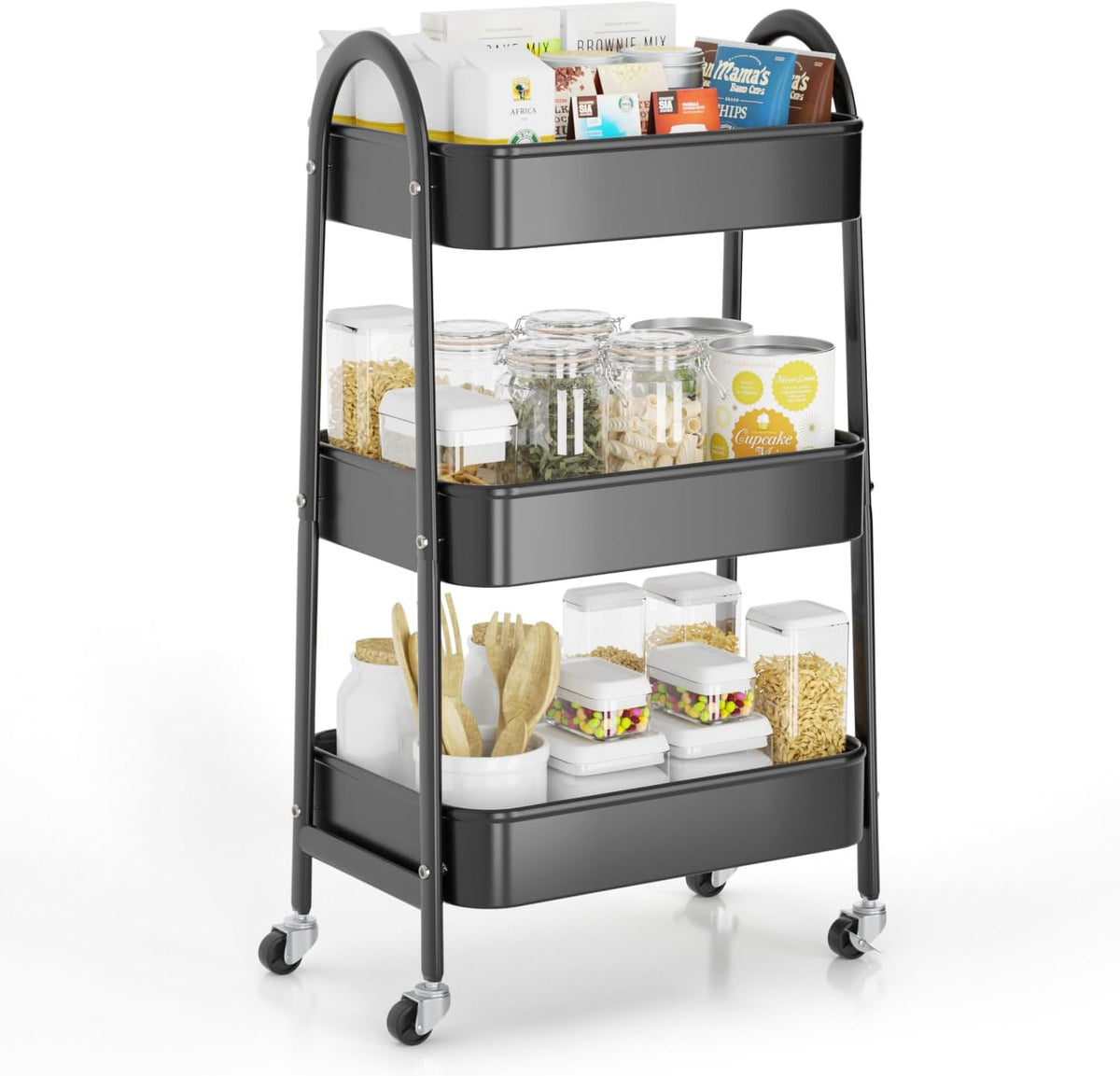 3 Tier Utility Rolling Cart, Metal Storage Cart with Handle and Lockable Wheels, Multifunctional Storage Organizer Trolley with Mesh Baskets for Kitchen, Living Room, Office, Garage (Beige)