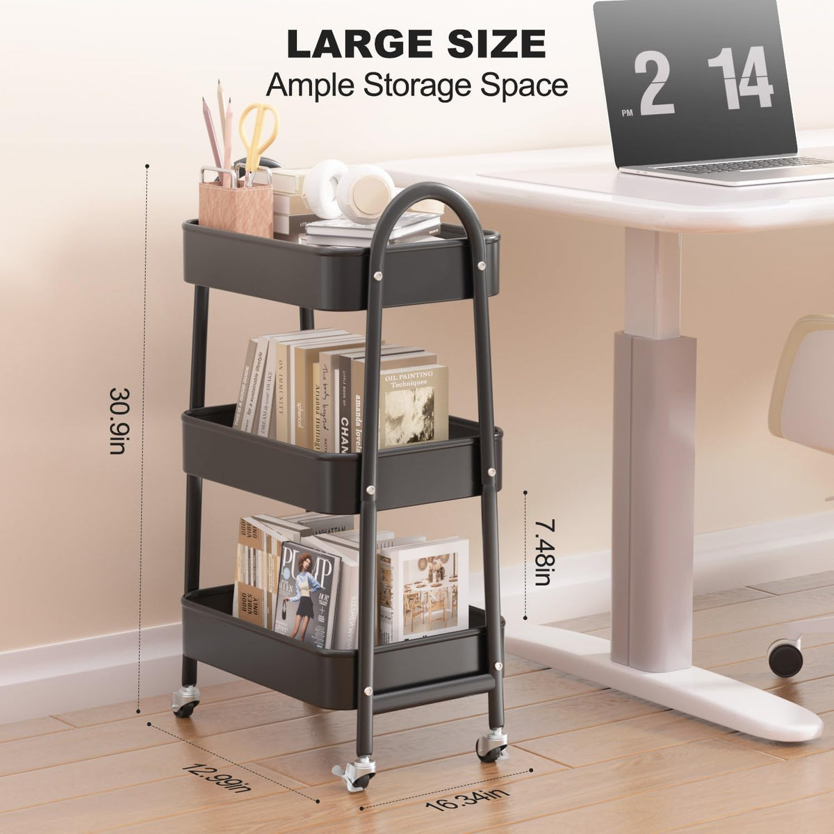 3 Tier Utility Rolling Cart, Metal Storage Cart with Handle and Lockable Wheels, Multifunctional Storage Organizer Trolley with Mesh Baskets for Kitchen, Living Room, Office, Garage (Beige)