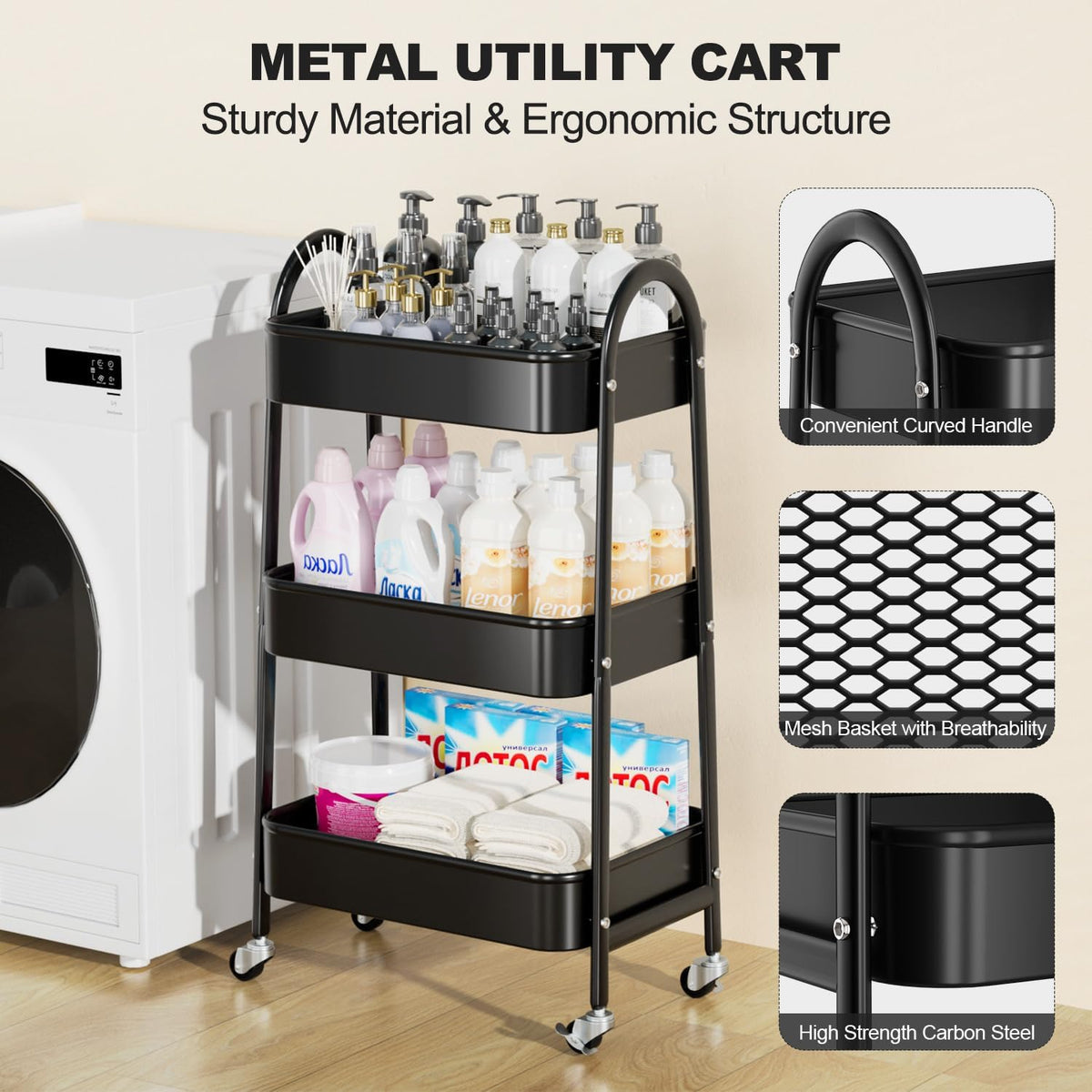 3 Tier Utility Rolling Cart, Metal Storage Cart with Handle and Lockable Wheels, Multifunctional Storage Organizer Trolley with Mesh Baskets for Kitchen, Living Room, Office, Garage (Beige)