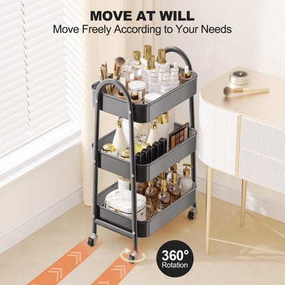 3 Tier Utility Rolling Cart, Metal Storage Cart with Handle and Lockable Wheels, Multifunctional Storage Organizer Trolley with Mesh Baskets for Kitchen, Living Room, Office, Garage (Beige)