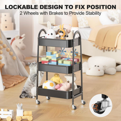 3 Tier Utility Rolling Cart, Metal Storage Cart with Handle and Lockable Wheels, Multifunctional Storage Organizer Trolley with Mesh Baskets for Kitchen, Living Room, Office, Garage (Beige)