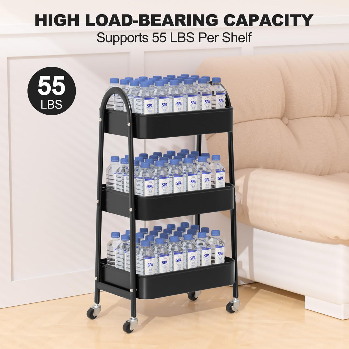 3 Tier Utility Rolling Cart, Metal Storage Cart with Handle and Lockable Wheels, Multifunctional Storage Organizer Trolley with Mesh Baskets for Kitchen, Living Room, Office, Garage (Beige)