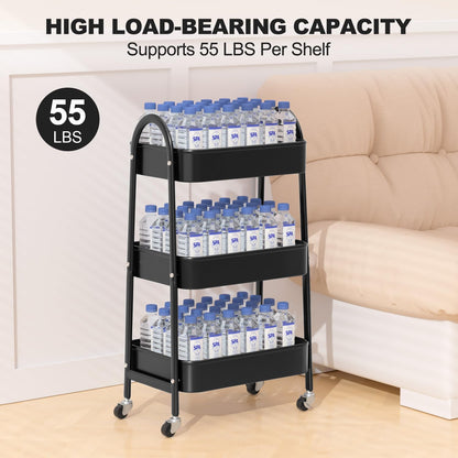 3 Tier Utility Rolling Cart, Metal Storage Cart with Handle and Lockable Wheels, Multifunctional Storage Organizer Trolley with Mesh Baskets for Kitchen, Living Room, Office, Garage (Beige)