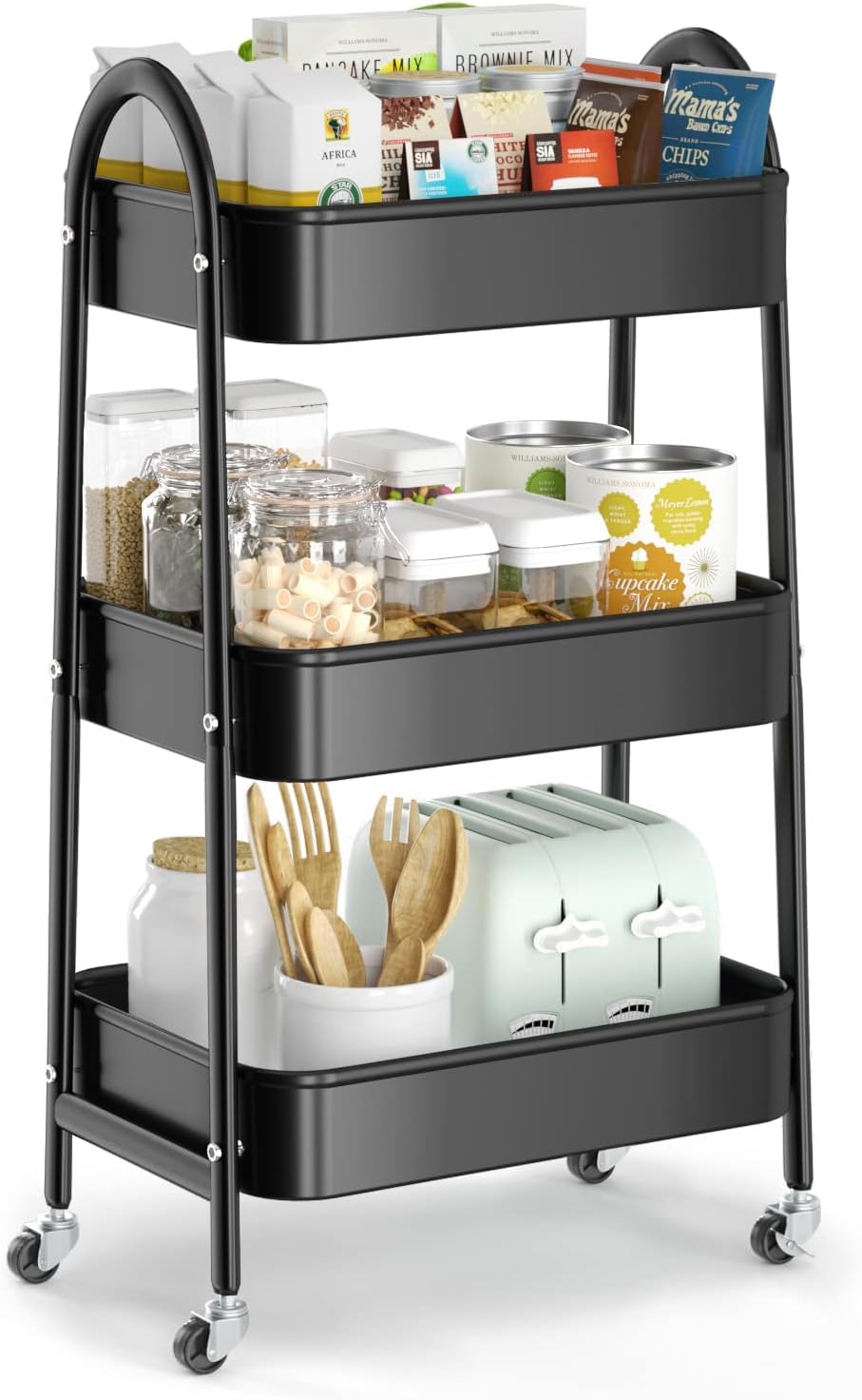 3 Tier Utility Rolling Cart, Metal Storage Cart with Handle and Lockable Wheels, Multifunctional Storage Organizer Trolley with Mesh Baskets for Kitchen, Living Room, Office, Garage (Beige)