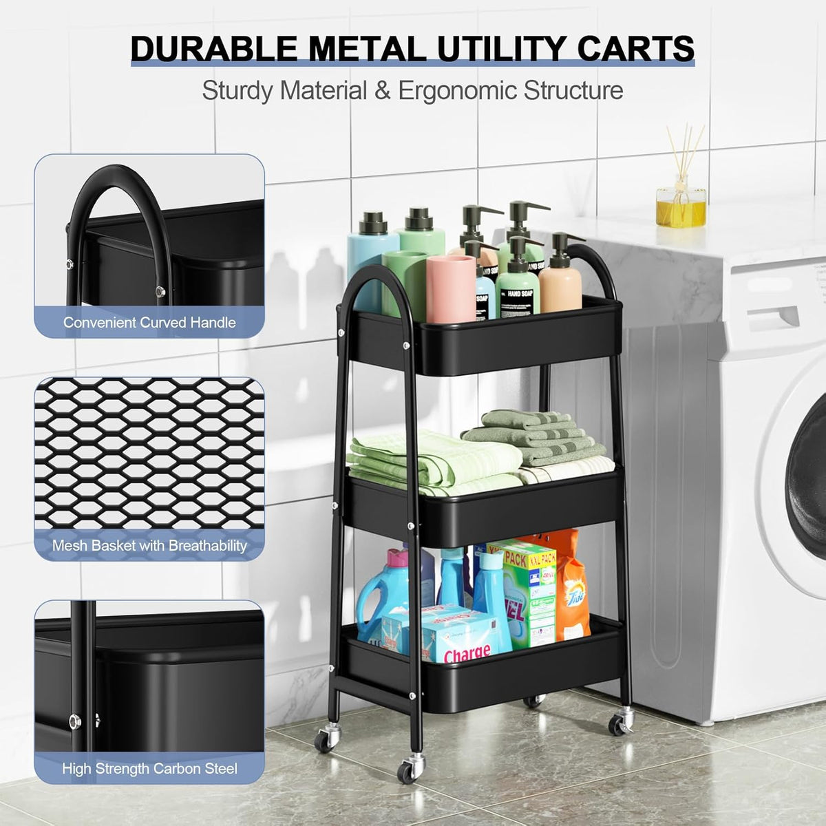 3 Tier Utility Rolling Cart, Metal Storage Cart with Handle and Lockable Wheels, Multifunctional Storage Organizer Trolley with Mesh Baskets for Kitchen, Living Room, Office, Garage (Beige)
