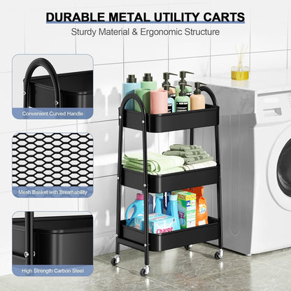 3 Tier Utility Rolling Cart, Metal Storage Cart with Handle and Lockable Wheels, Multifunctional Storage Organizer Trolley with Mesh Baskets for Kitchen, Living Room, Office, Garage (Beige)