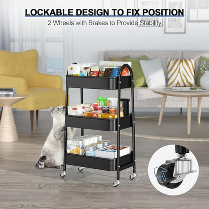 3 Tier Utility Rolling Cart, Metal Storage Cart with Handle and Lockable Wheels, Multifunctional Storage Organizer Trolley with Mesh Baskets for Kitchen, Living Room, Office, Garage (Beige)