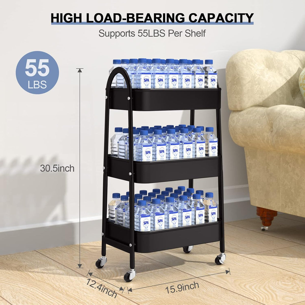 3 Tier Utility Rolling Cart, Metal Storage Cart with Handle and Lockable Wheels, Multifunctional Storage Organizer Trolley with Mesh Baskets for Kitchen, Living Room, Office, Garage (Beige)