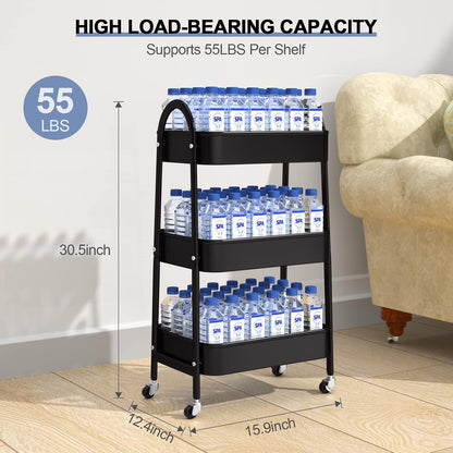 3 Tier Utility Rolling Cart, Metal Storage Cart with Handle and Lockable Wheels, Multifunctional Storage Organizer Trolley with Mesh Baskets for Kitchen, Living Room, Office, Garage (Beige)