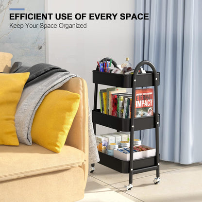 3 Tier Utility Rolling Cart, Metal Storage Cart with Handle and Lockable Wheels, Multifunctional Storage Organizer Trolley with Mesh Baskets for Kitchen, Living Room, Office, Garage (Beige)