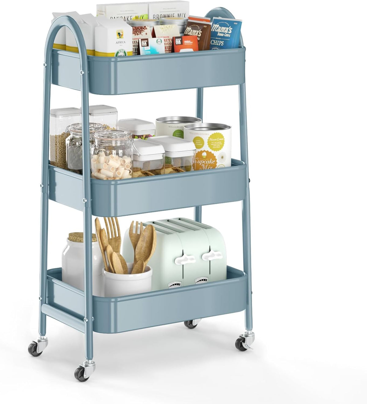 3 Tier Utility Rolling Cart, Metal Storage Cart with Handle and Lockable Wheels, Multifunctional Storage Organizer Trolley with Mesh Baskets for Kitchen, Living Room, Office, Garage (Beige)