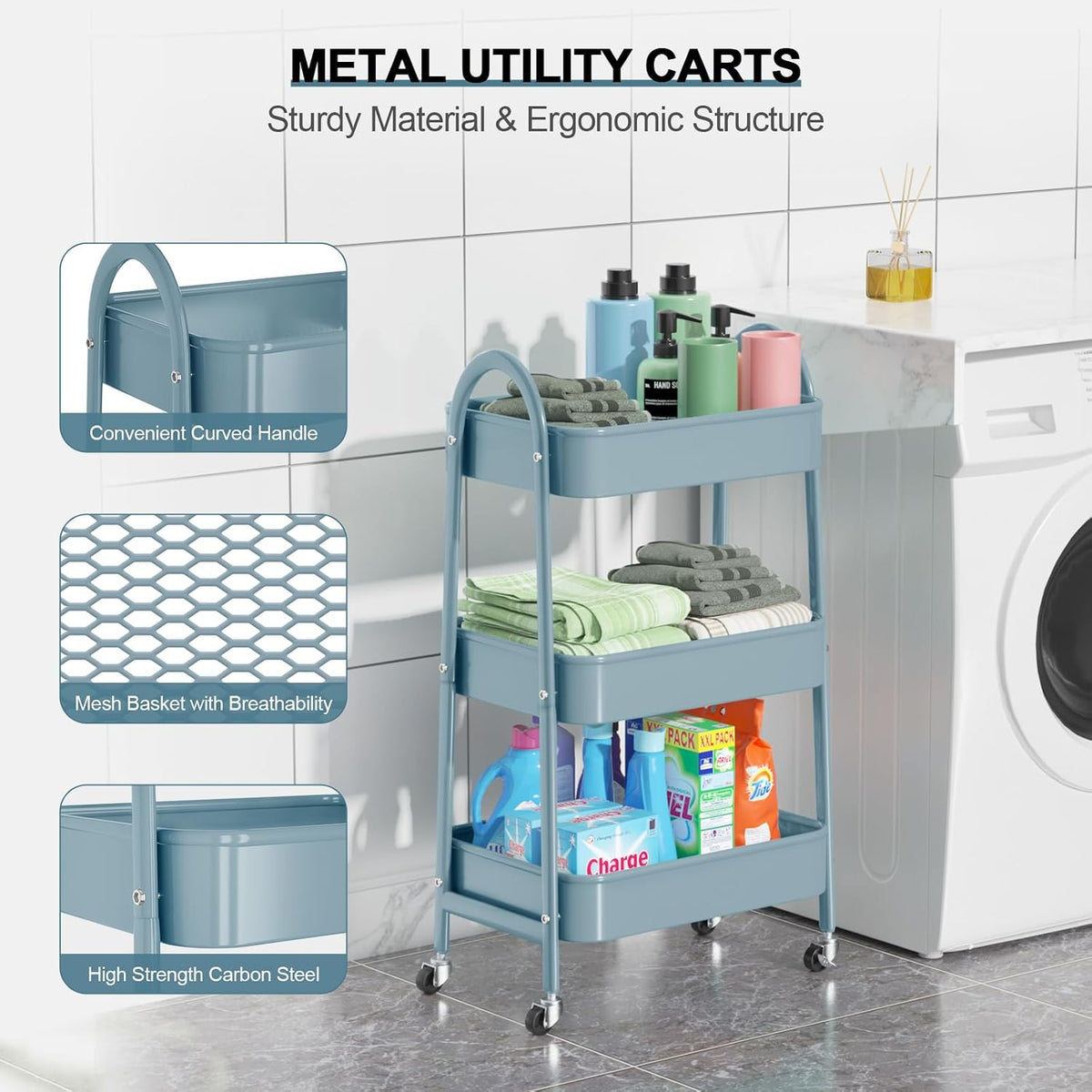 3 Tier Utility Rolling Cart, Metal Storage Cart with Handle and Lockable Wheels, Multifunctional Storage Organizer Trolley with Mesh Baskets for Kitchen, Living Room, Office, Garage (Beige)
