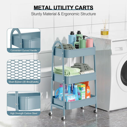 3 Tier Utility Rolling Cart, Metal Storage Cart with Handle and Lockable Wheels, Multifunctional Storage Organizer Trolley with Mesh Baskets for Kitchen, Living Room, Office, Garage (Beige)