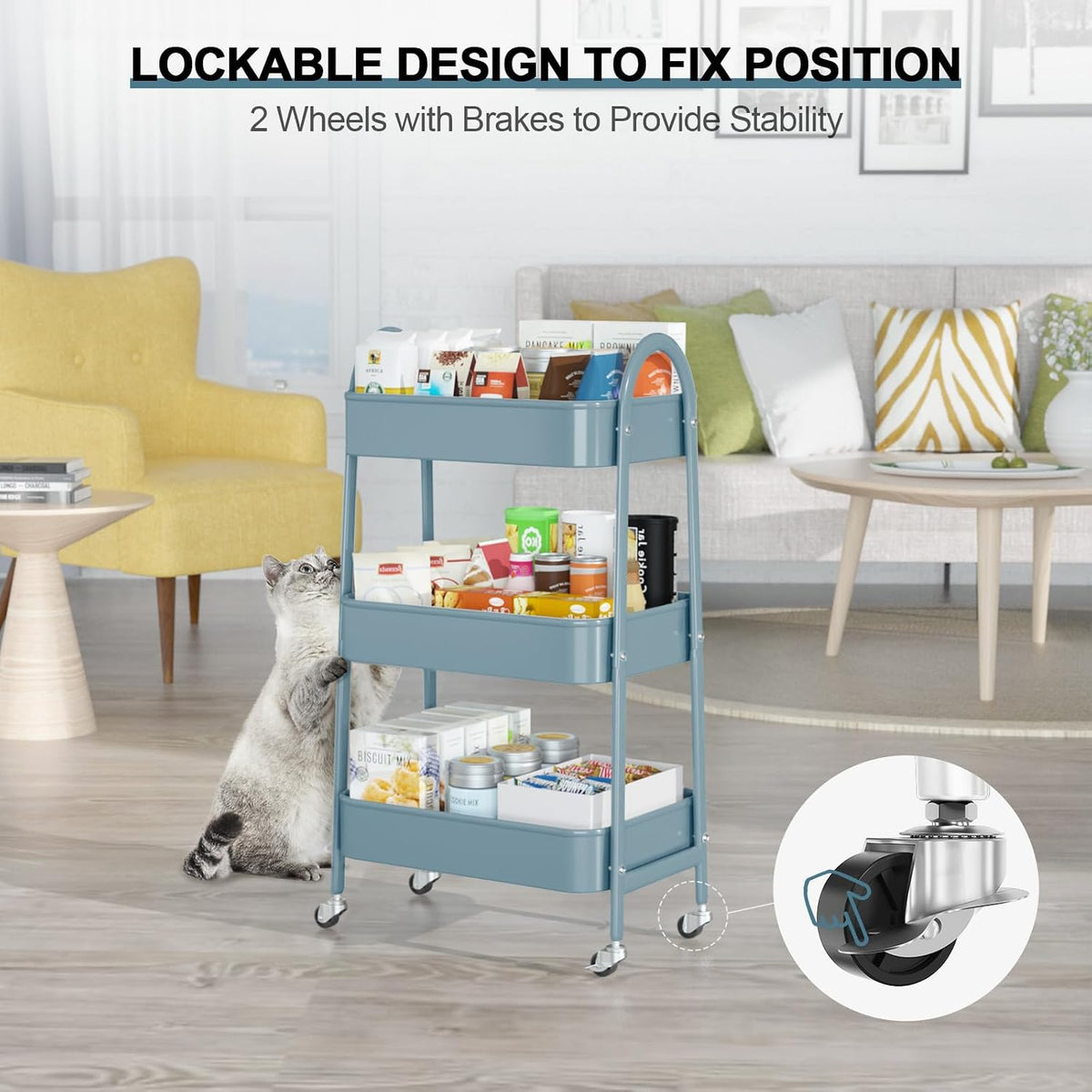 3 Tier Utility Rolling Cart, Metal Storage Cart with Handle and Lockable Wheels, Multifunctional Storage Organizer Trolley with Mesh Baskets for Kitchen, Living Room, Office, Garage (Beige)