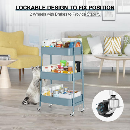 3 Tier Utility Rolling Cart, Metal Storage Cart with Handle and Lockable Wheels, Multifunctional Storage Organizer Trolley with Mesh Baskets for Kitchen, Living Room, Office, Garage (Beige)