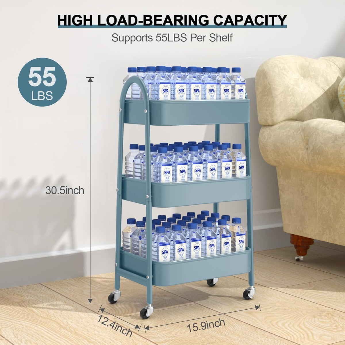 3 Tier Utility Rolling Cart, Metal Storage Cart with Handle and Lockable Wheels, Multifunctional Storage Organizer Trolley with Mesh Baskets for Kitchen, Living Room, Office, Garage (Beige)