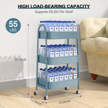 3 Tier Utility Rolling Cart, Metal Storage Cart with Handle and Lockable Wheels, Multifunctional Storage Organizer Trolley with Mesh Baskets for Kitchen, Living Room, Office, Garage (Beige)