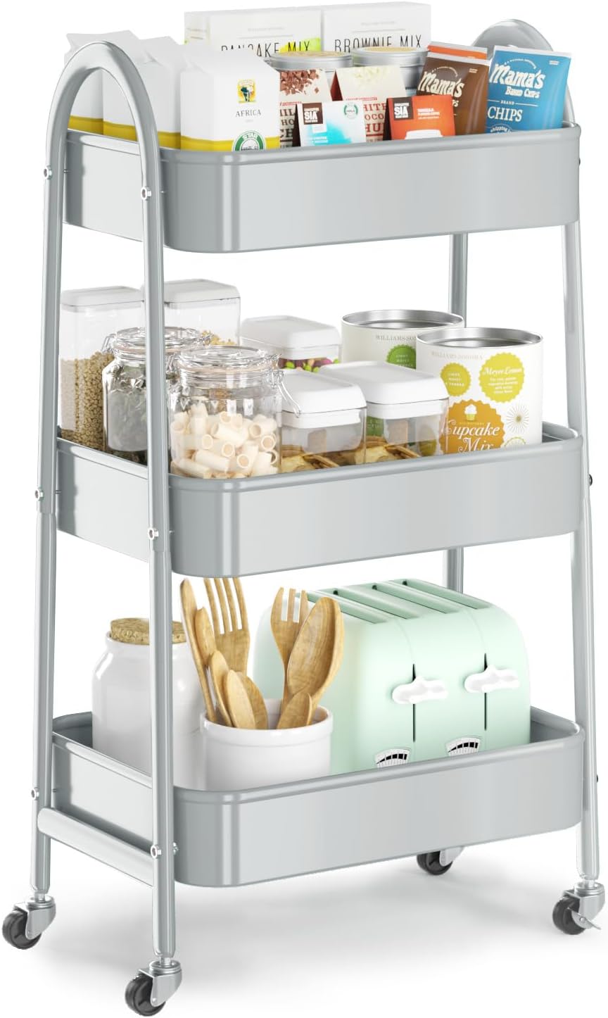 3 Tier Utility Rolling Cart, Metal Storage Cart with Handle and Lockable Wheels, Multifunctional Storage Organizer Trolley with Mesh Baskets for Kitchen, Living Room, Office, Garage (Beige)