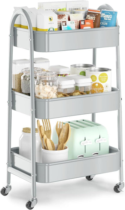 3 Tier Utility Rolling Cart, Metal Storage Cart with Handle and Lockable Wheels, Multifunctional Storage Organizer Trolley with Mesh Baskets for Kitchen, Living Room, Office, Garage (Beige)