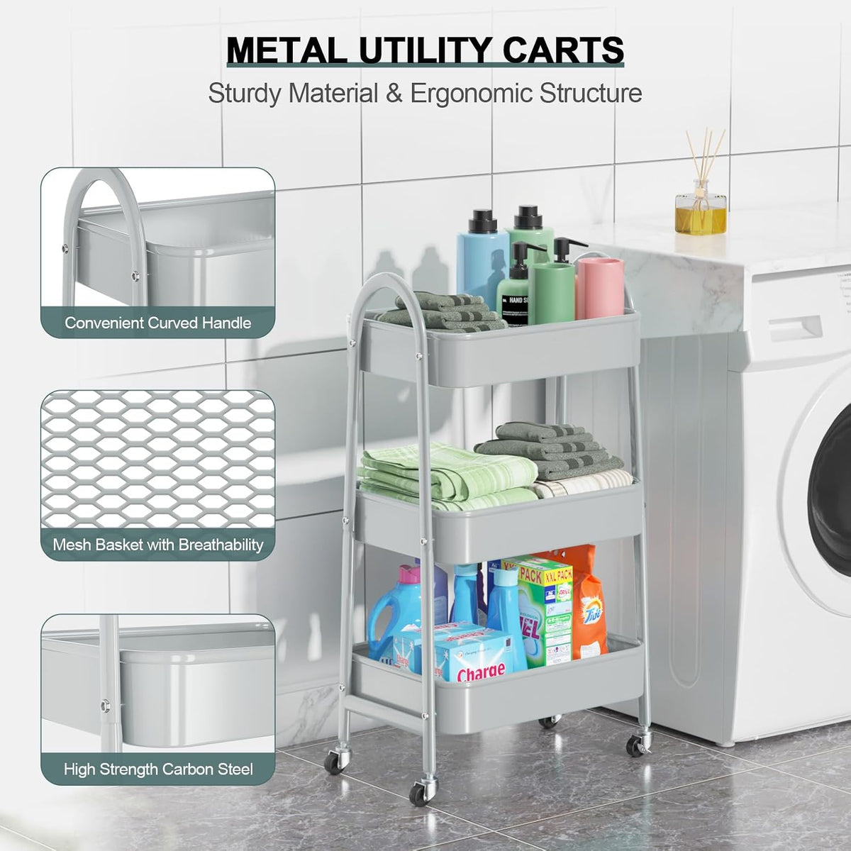3 Tier Utility Rolling Cart, Metal Storage Cart with Handle and Lockable Wheels, Multifunctional Storage Organizer Trolley with Mesh Baskets for Kitchen, Living Room, Office, Garage (Beige)