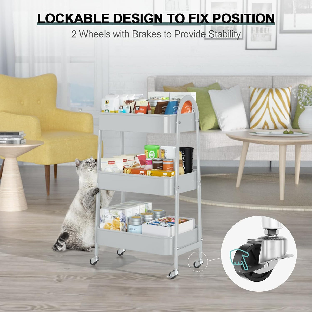 3 Tier Utility Rolling Cart, Metal Storage Cart with Handle and Lockable Wheels, Multifunctional Storage Organizer Trolley with Mesh Baskets for Kitchen, Living Room, Office, Garage (Beige)