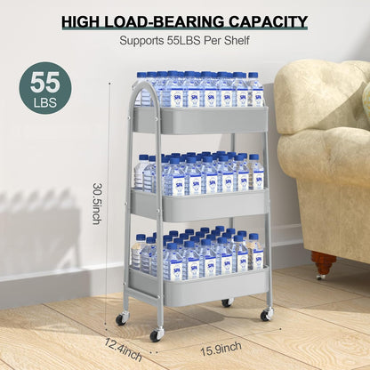 3 Tier Utility Rolling Cart, Metal Storage Cart with Handle and Lockable Wheels, Multifunctional Storage Organizer Trolley with Mesh Baskets for Kitchen, Living Room, Office, Garage (Beige)