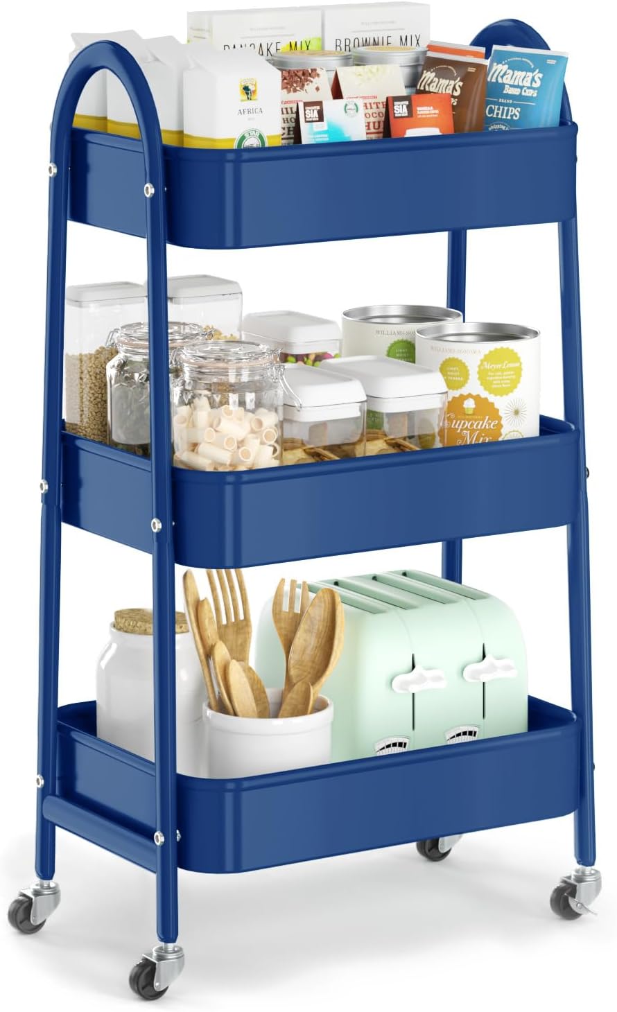 3 Tier Utility Rolling Cart, Metal Storage Cart with Handle and Lockable Wheels, Multifunctional Storage Organizer Trolley with Mesh Baskets for Kitchen, Living Room, Office, Garage (Beige)