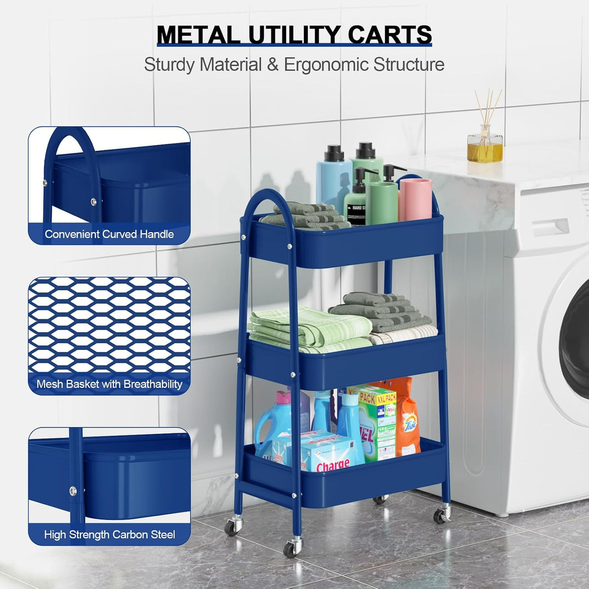 3 Tier Utility Rolling Cart, Metal Storage Cart with Handle and Lockable Wheels, Multifunctional Storage Organizer Trolley with Mesh Baskets for Kitchen, Living Room, Office, Garage (Beige)