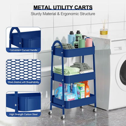 3 Tier Utility Rolling Cart, Metal Storage Cart with Handle and Lockable Wheels, Multifunctional Storage Organizer Trolley with Mesh Baskets for Kitchen, Living Room, Office, Garage (Beige)