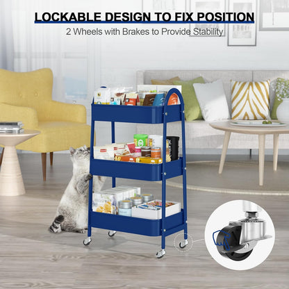 3 Tier Utility Rolling Cart, Metal Storage Cart with Handle and Lockable Wheels, Multifunctional Storage Organizer Trolley with Mesh Baskets for Kitchen, Living Room, Office, Garage (Beige)