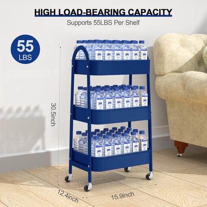 3 Tier Utility Rolling Cart, Metal Storage Cart with Handle and Lockable Wheels, Multifunctional Storage Organizer Trolley with Mesh Baskets for Kitchen, Living Room, Office, Garage (Beige)