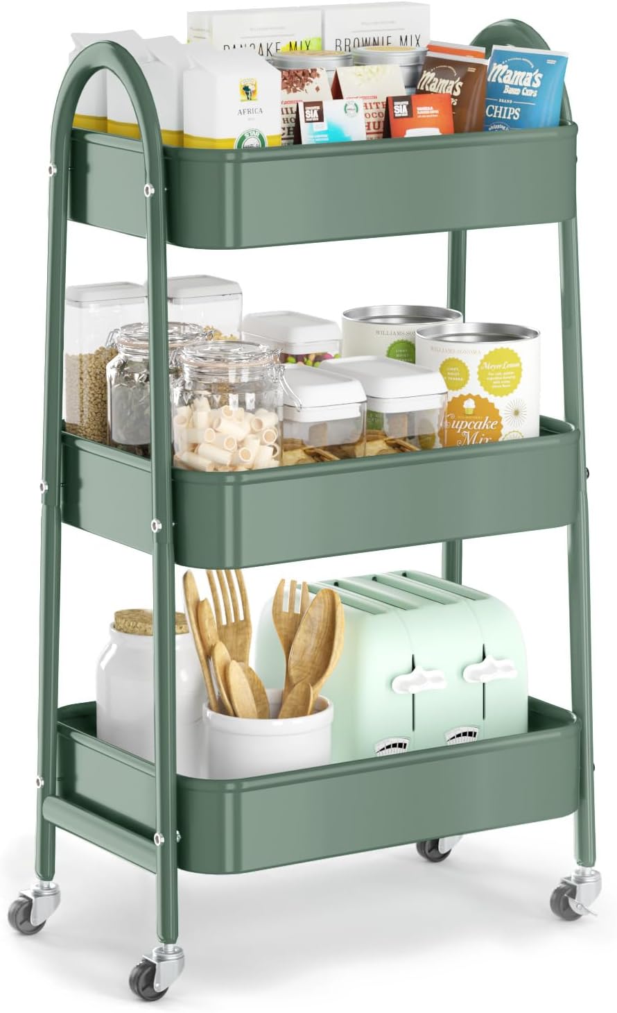 3 Tier Utility Rolling Cart, Metal Storage Cart with Handle and Lockable Wheels, Multifunctional Storage Organizer Trolley with Mesh Baskets for Kitchen, Living Room, Office, Garage (Beige)