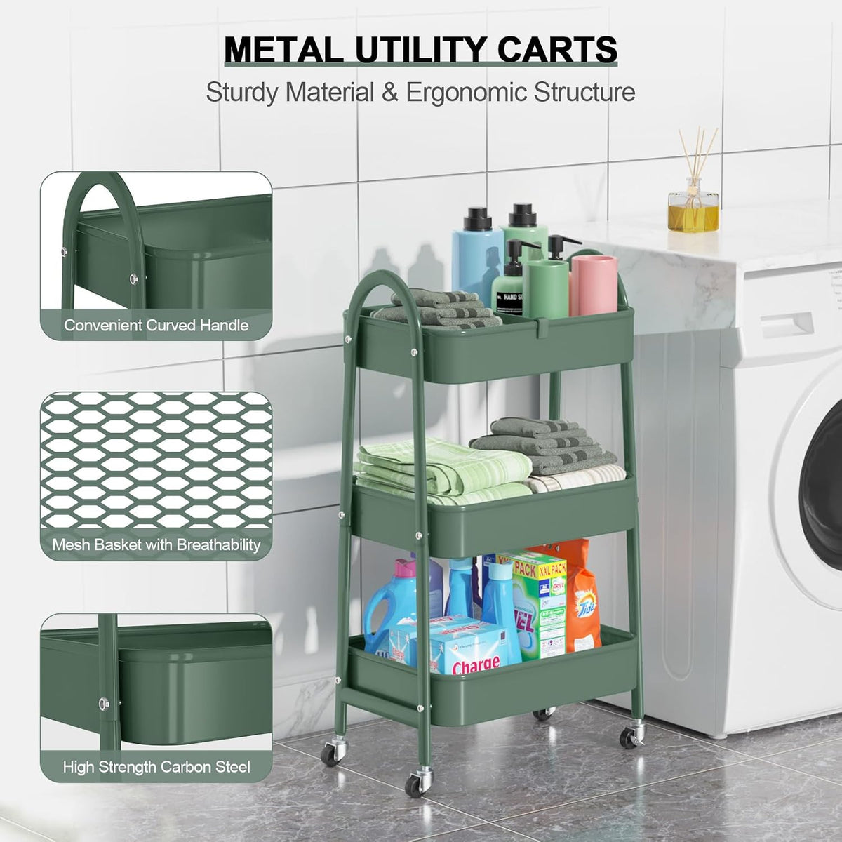 3 Tier Utility Rolling Cart, Metal Storage Cart with Handle and Lockable Wheels, Multifunctional Storage Organizer Trolley with Mesh Baskets for Kitchen, Living Room, Office, Garage (Beige)