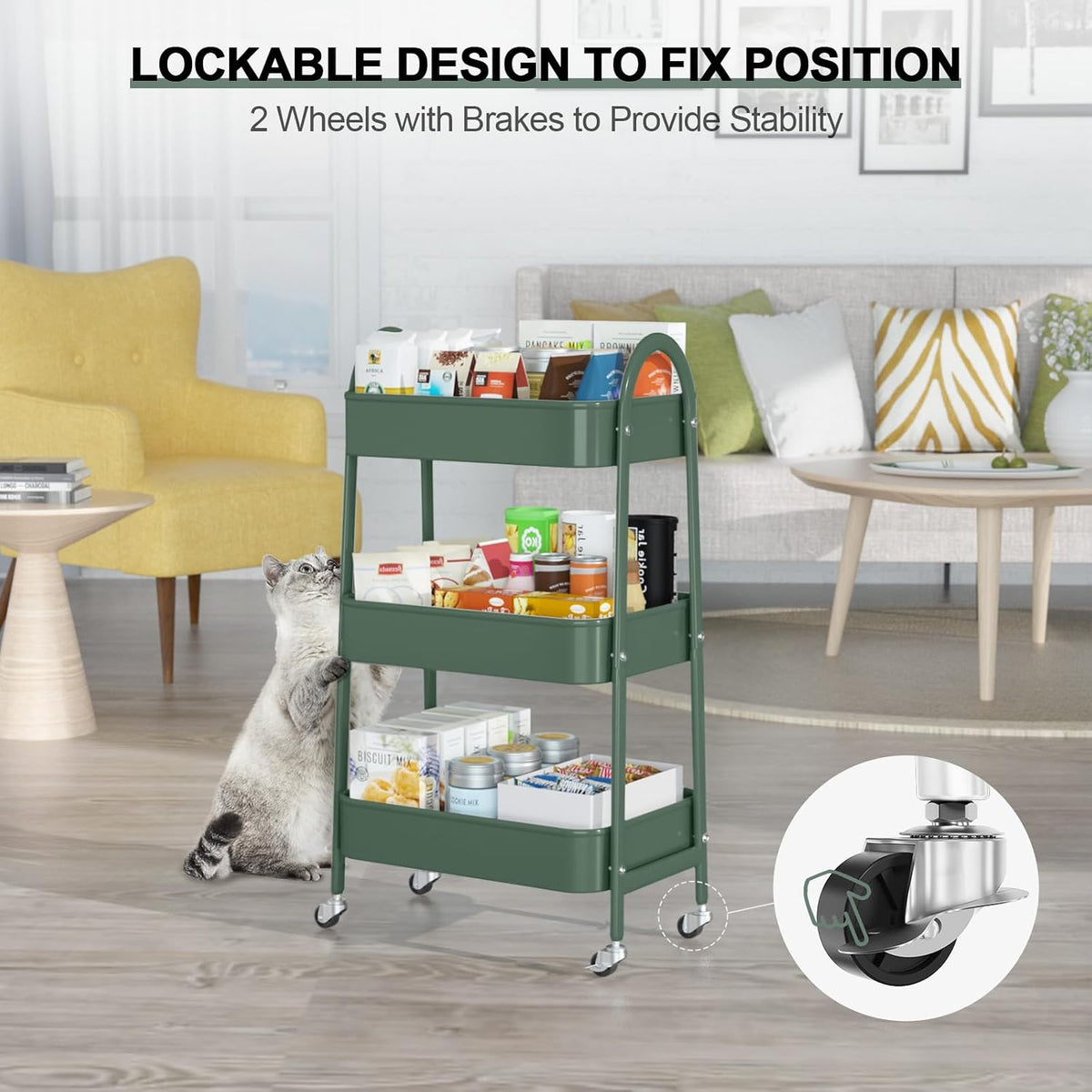 3 Tier Utility Rolling Cart, Metal Storage Cart with Handle and Lockable Wheels, Multifunctional Storage Organizer Trolley with Mesh Baskets for Kitchen, Living Room, Office, Garage (Beige)