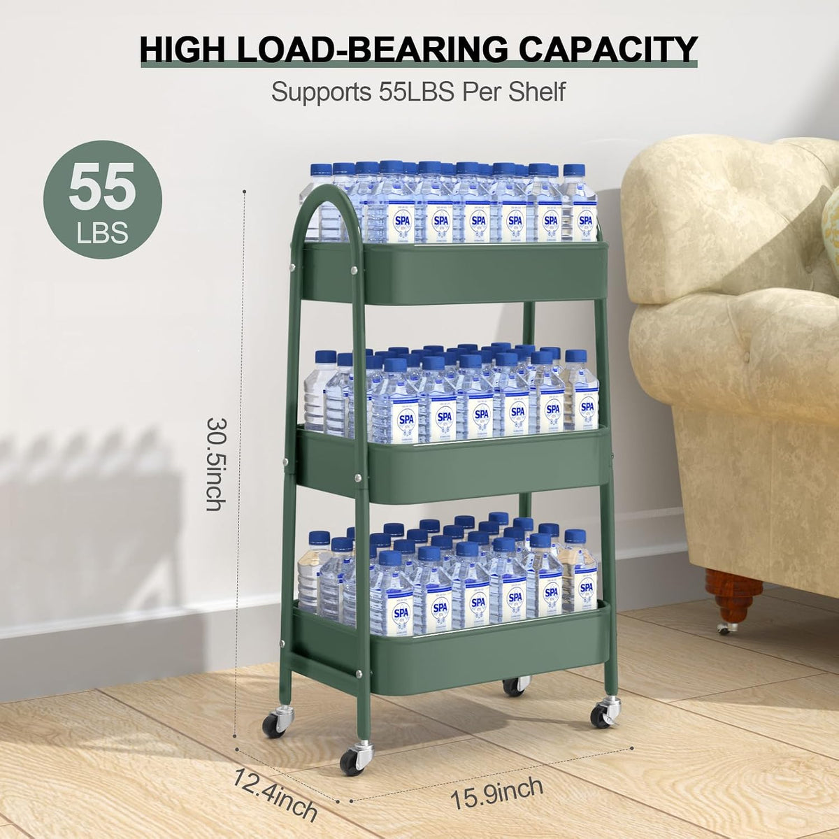 3 Tier Utility Rolling Cart, Metal Storage Cart with Handle and Lockable Wheels, Multifunctional Storage Organizer Trolley with Mesh Baskets for Kitchen, Living Room, Office, Garage (Beige)