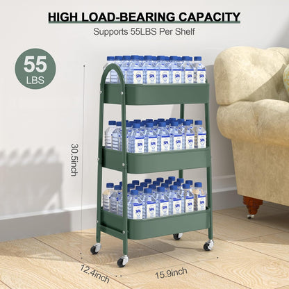 3 Tier Utility Rolling Cart, Metal Storage Cart with Handle and Lockable Wheels, Multifunctional Storage Organizer Trolley with Mesh Baskets for Kitchen, Living Room, Office, Garage (Beige)
