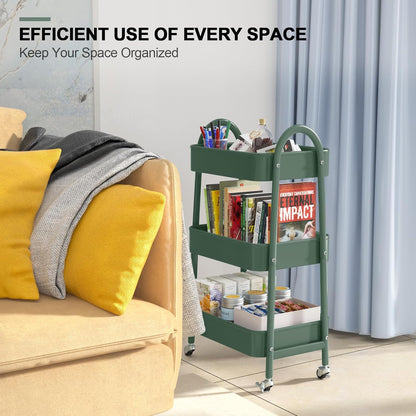 3 Tier Utility Rolling Cart, Metal Storage Cart with Handle and Lockable Wheels, Multifunctional Storage Organizer Trolley with Mesh Baskets for Kitchen, Living Room, Office, Garage (Beige)
