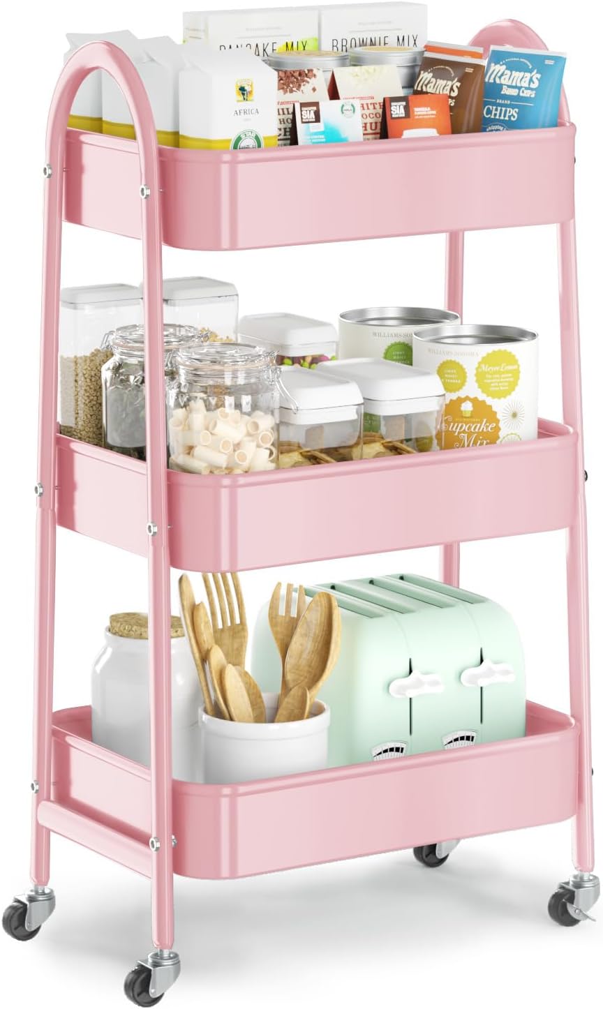 3 Tier Utility Rolling Cart, Metal Storage Cart with Handle and Lockable Wheels, Multifunctional Storage Organizer Trolley with Mesh Baskets for Kitchen, Living Room, Office, Garage (Beige)